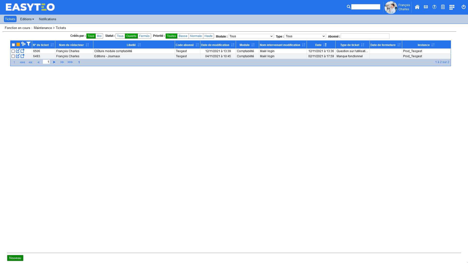 Liste des tickets ouverts par un utilisateur